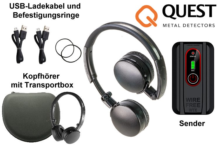 Metalldetektor Zubehör: USB-Ladekabel und Befestigungsringe, Kopfhörer mit Transportbox & Sender