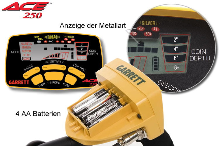 Garrett ACE 250 Metalldetektor Display mit Anzeige der Metallart & 4 AA Batterien Detailbild